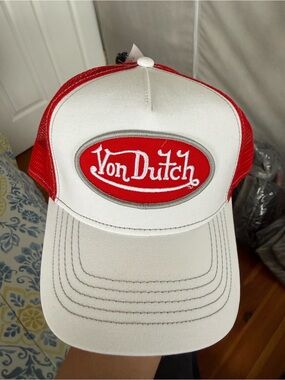 Von Dutch Red and White Mesh Trucker Hat